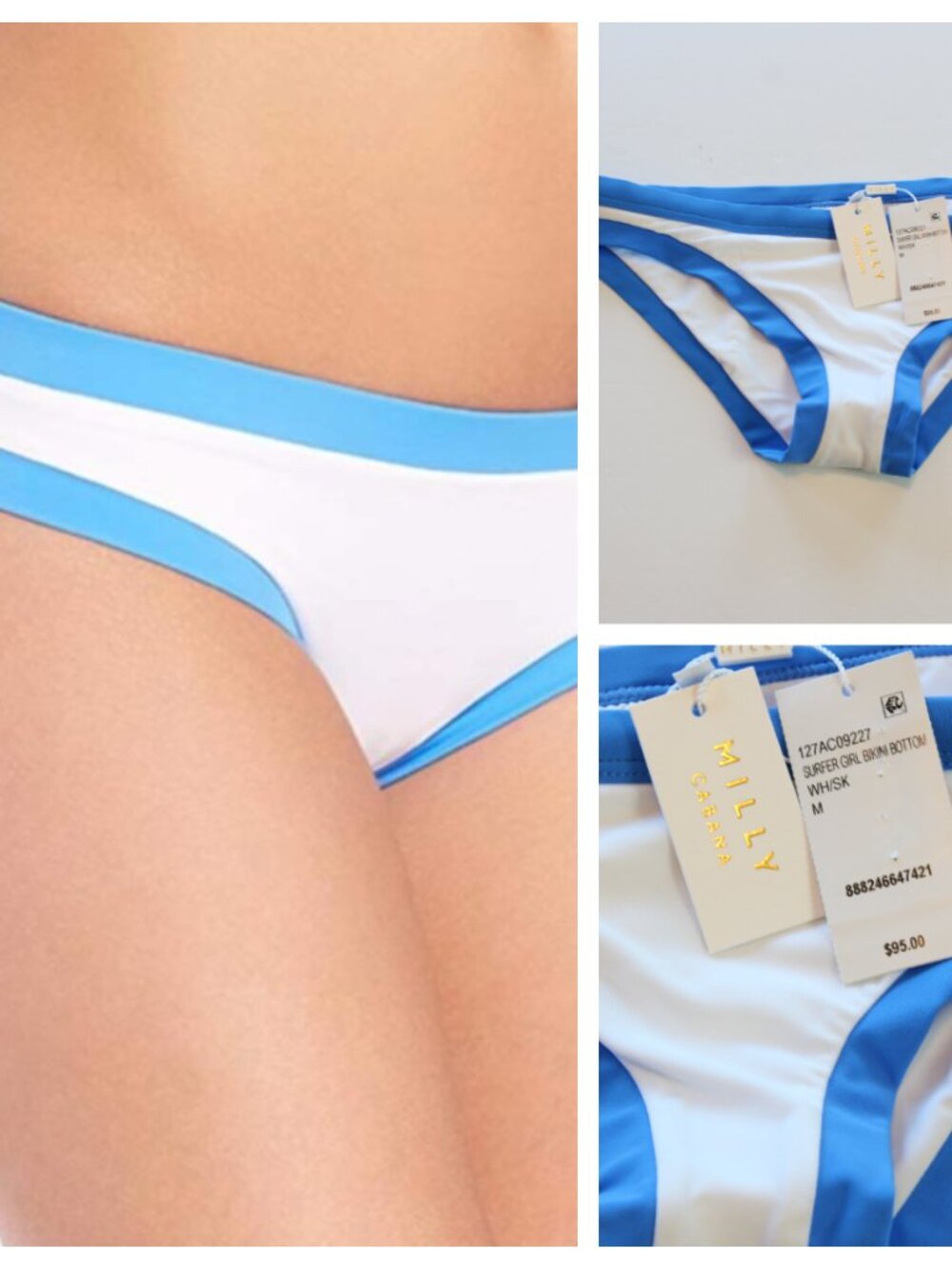 MILLY Cabana Surfer Girl Bikini Bottom Colorblock White Blue Medium NWT